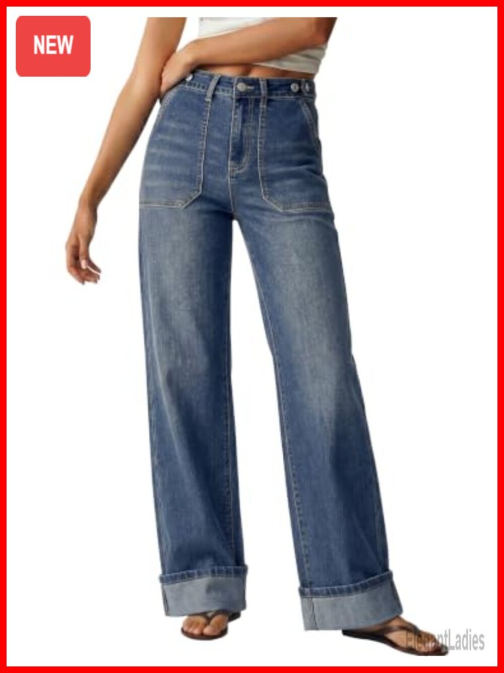 Wide Leg High Waist Stretch Jeans Cuffed Hem Adjustable Waist Women Denim